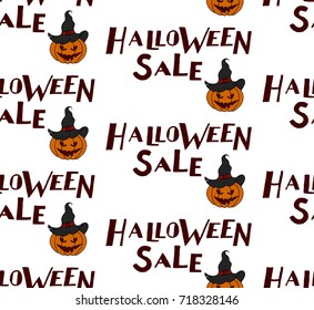 Halloween seamless pattern design with pumpkin and lettering. Halloween sale.