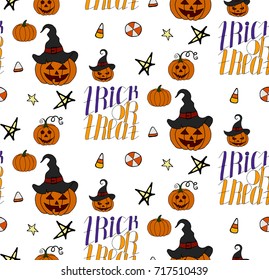 Halloween seamless pattern design with pumpkin,candy, star, hat, lettering, hat.