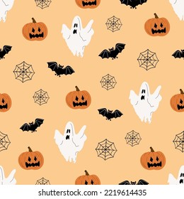 Halloween seamless pattern design. Pumpkins, bats, ghost and web in doodle style. Vector illustration. Background for wallpaper, wrapping and backdrop