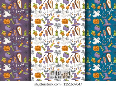 Halloween seamless pattern design set for wrapping, package, background. Cartoon style vector illustration.
