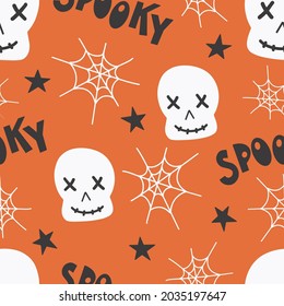 Halloween seamless pattern for design Halloween symbols skull, spider web, spooky-lettering. Digital paper
