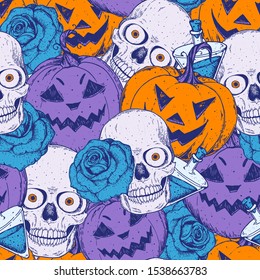Halloween seamless pattern, design template. Hand drawn invitation. Pumpkins and skull illustration. Vector illustration with Halloween symbols. Autumn holidays. Colorful pattern. 
