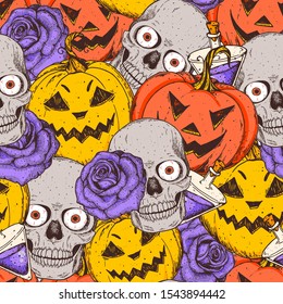 Halloween seamless pattern, design template. Hand drawn invitation. Pumpkins and skull illustration. Vector illustration with Halloween symbols. Autumn holidays. Colorful pattern. 