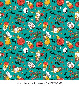 Halloween seamless pattern design. Vector background with children in costumes, pumpkin, sweets and stylish lettering 'Trick or tread'