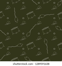 Halloween seamless pattern design with white contour broom, pot with a potion and witch hat