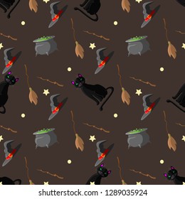 Halloween seamless pattern design with witch hat, magic wand, black cat, broom and pot with a potion