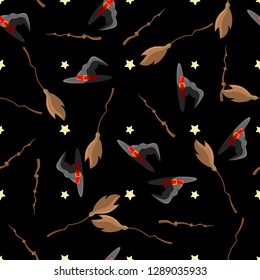 Halloween seamless pattern design with witch hat, magic wand, star and broom