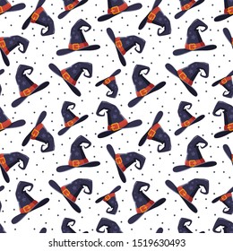 Halloween seamless pattern design with a witch purple hat and polka dot on a white background . background Halloween . vector Illustration