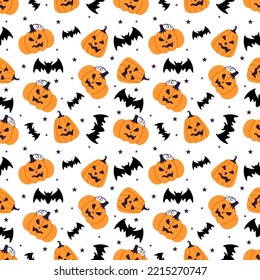 Halloween Seamless Pattern Design With Witch, Haunted House, Pumpkins or Bats in Template Hand Drawn Cartoon Flat Illustration