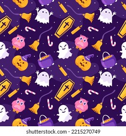 Halloween Seamless Pattern Design With Witch, Haunted House, Pumpkins or Bats in Template Hand Drawn Cartoon Flat Illustration