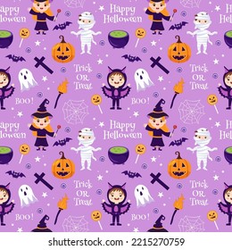 Halloween Seamless Pattern Design With Witch, Haunted House, Pumpkins or Bats in Template Hand Drawn Cartoon Flat Illustration