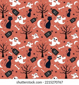 Halloween Seamless Pattern Design With Witch, Haunted House, Pumpkins or Bats in Template Hand Drawn Cartoon Flat Illustration