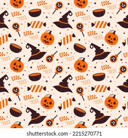 Halloween Seamless Pattern Design With Witch, Haunted House, Pumpkins or Bats in Template Hand Drawn Cartoon Flat Illustration