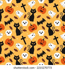 Halloween Seamless Pattern Design With Witch, Haunted House, Pumpkins or Bats in Template Hand Drawn Cartoon Flat Illustration