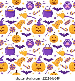 Diseño de patrones sin foco de Halloween con bruja, casa embrujada, calabazas o murciélagos a mano dibujada con dibujos de caricatura Ilustración plana