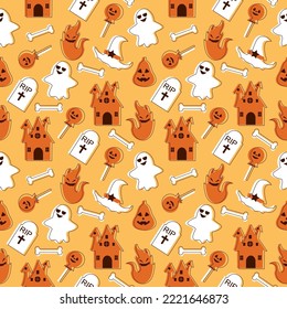 Halloween Seamless Pattern Design With Witch, Haunted House, Pumpkins or Bats in Template Hand Drawn Cartoon Flat Illustration