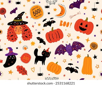 Halloween seamless pattern. Pattern design with witch, black cat, pumpkin. Happy halloween.