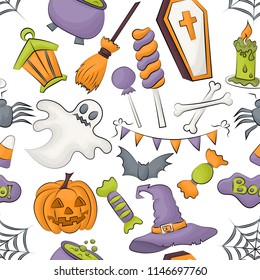 Halloween seamless pattern design for wrapping, package, background. Cartoon style vector illustration.