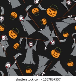 Halloween seamless pattern Devil ghost isolated on orange background