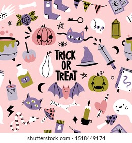 Halloween seamless pattern with different cute cartoon objects: pumpkin, cat, bat, skull, snake, potions on pastel pink background with trick or treat text. Vector halloween seamless pattern