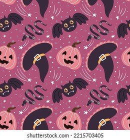 Halloween seamless pattern with different cute cartoon objects: pumpkin, bat, witch hat, snake on dark pink background. Vector halloween seamless pattern