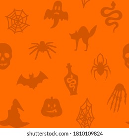 Halloween seamless pattern with with different holiday symbols. Orange vector background.