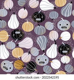 Halloween seamless pattern with different pumpkins. Funny print. Vector hand drawn illustration.