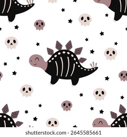 Halloween seamless pattern with dinosaur and skulls. Spooky Halloween hand drawn vector pattern in flat style