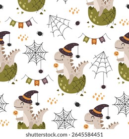Halloween seamless pattern with dinosaur, spider, spiderweb. Spooky Halloween hand drawn vector pattern in flat style