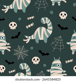 Halloween seamless pattern with dinosaur, spider, spiderweb, bat, skull. Spooky Halloween hand drawn vector pattern in flat style