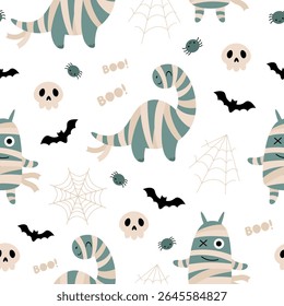 Halloween seamless pattern with dinosaur, spider, spiderweb, bat, skull. Spooky Halloween hand drawn vector pattern in flat style