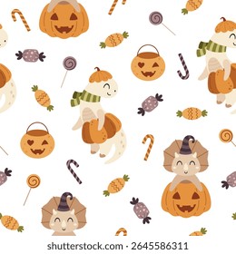 Halloween seamless pattern with dinosaurs, pumpkins and candies. Spooky Halloween hand drawn vector pattern in flat style