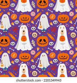 Halloween seamless pattern and dog   boy ghost costume  Trick treat seamless pattern 