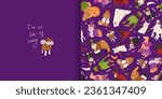 Halloween seamless pattern with dogs in cute halloween costumes. Funny greeting card with dog in bee suit. Trick or treat. Happy Halloween vector illustration. Ideal for holiday cards, decorations and