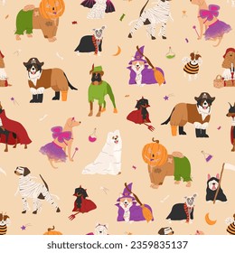 Halloween seamless pattern and dogs in cute halloween costumes  Trick treat  Happy Halloween vector illustration  Ideal for holiday cards  decorations   gift paper