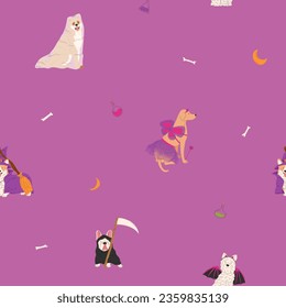 Halloween seamless pattern and dogs in cute halloween costumes  Fairy  ghost  witch  bat   grim reaper  Trick treat  Happy Halloween vector illustration  Ideal for holiday cards  decorations and