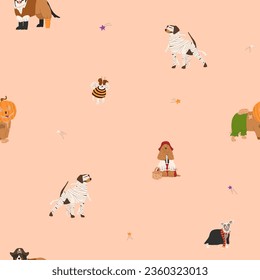 Halloween seamless pattern and dogs in cute halloween costumes  Bee  pirate  mummy   scarecrow  Trick treat  Happy Halloween vector illustration  Ideal for holiday cards  decorations   gift