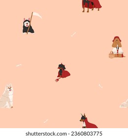 Halloween seamless pattern and dogs in cute halloween costumes  Devil  ghost  vampire   grim reaper  Trick treat  Happy Halloween vector illustration  Ideal for holiday cards  decorations and
