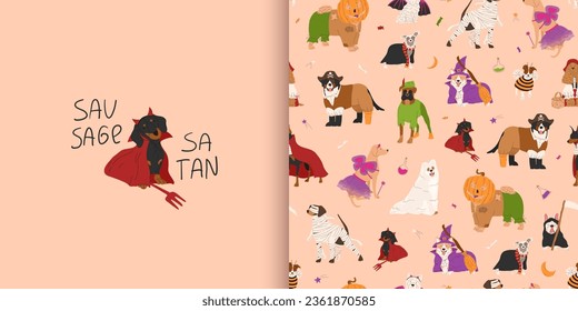 Halloween seamless pattern with dogs in cute halloween costumes. Funny greeting card with dachshund in devil or satan Halloween costume. Vector illustration. Trick or treat. Ideal for holiday cards