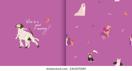 Halloween seamless pattern and dogs in cute halloween costumes  Greeting card and dog in mummy Halloween costume  Fairy  ghost  witch  bat   grim reaper  Trick treat  Vector illustration  Ideal