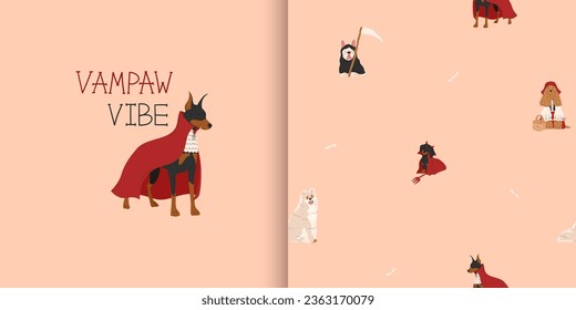 Halloween seamless pattern and dogs in cute halloween costumes  Bee  pirate  mummy   scarecrow  Greeting card and doberman pinscher in vampire Halloween costume  Vector illustration  Trick or