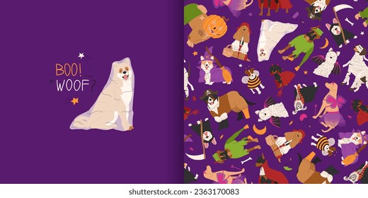 Halloween seamless pattern with dogs in cute halloween costumes. Greeting card with dog in ghost Halloween costume. Trick or treat. Vector illustration. Ideal for holiday cards, decorations and gift