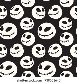 Halloween seamless pattern with doll head skull illustration. Stitched mouth big black-eyed toy. Fantastic repeating doodle character texture. Black and white creative vector background. Cool concept.