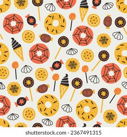 Patrón ininterrumpido de Halloween con donut, galleta, caramelos, merengue, helado sobre fondo blanco. Ideal para tapicería, papel de regalo, tarjetas de felicitación de temporada. Ilustración del vector