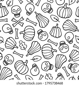 Halloween seamless pattern. Doodle black pumpkin skull bones. Hand drawn autumn background for wrapping, scrapbooking paper. Stock vector illustration isolated on white.