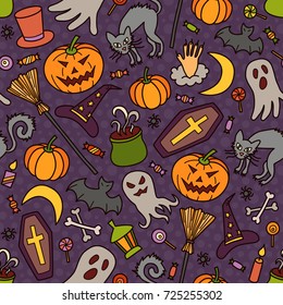 Halloween. Seamless pattern of doodle and cartoon style. Colorful