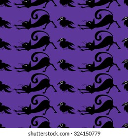 Halloween seamless pattern with doodle cats and crows
