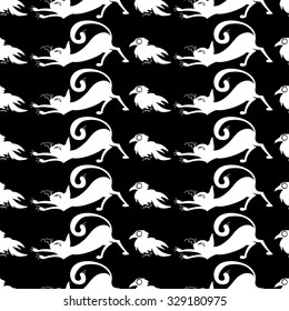 Halloween seamless pattern with doodle cats and crows in black and white. Vector illustration.