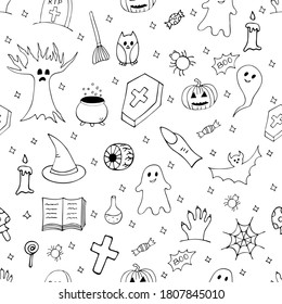 Halloween seamless pattern. Doodle elements. Vector illustration.