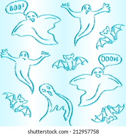 Halloween seamless pattern with doodle ghosts and bats